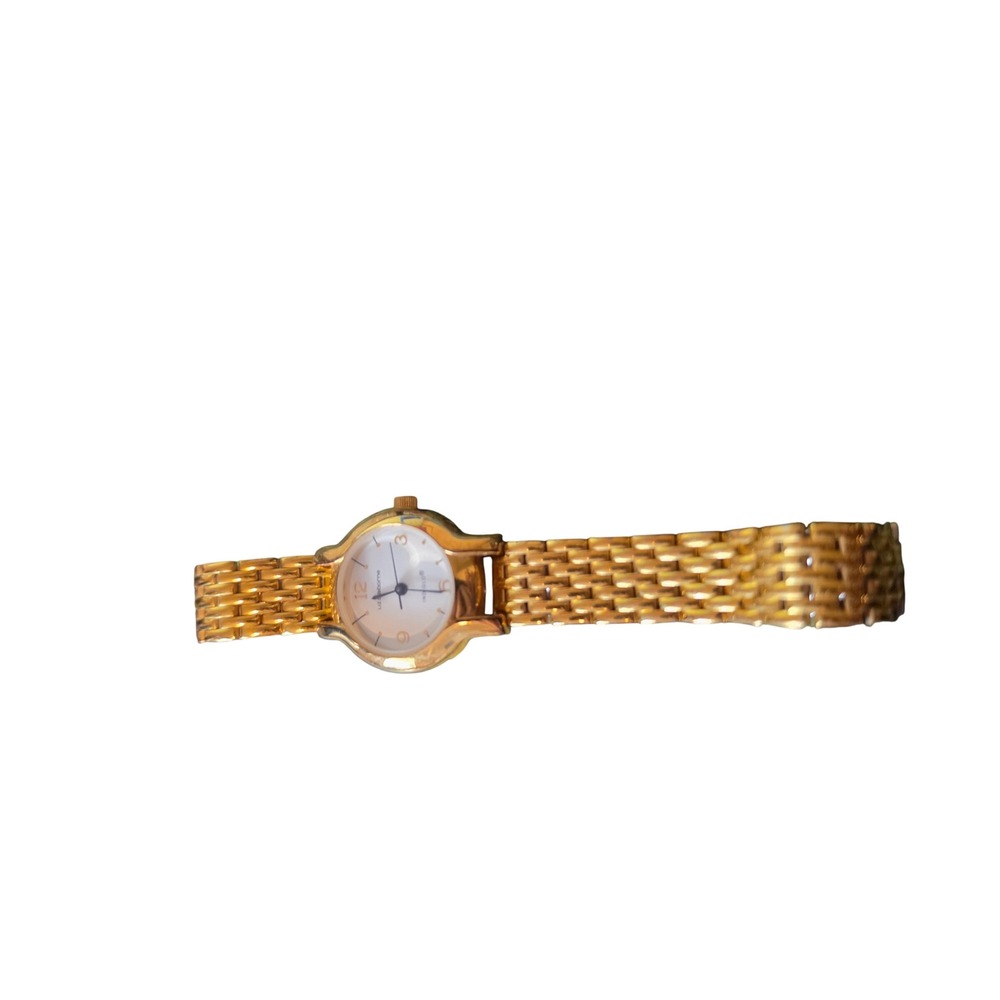 Liz Claiborne Indiglo Gold Tone Link Bracelet Watch Women White Dial Round Case